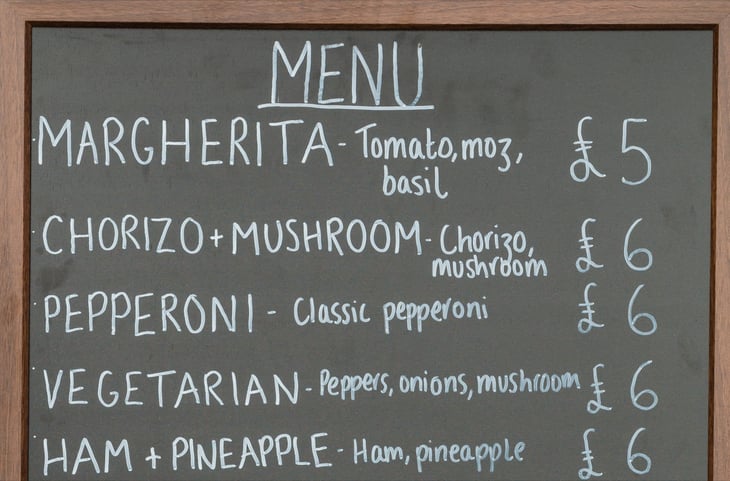Menu prices in whole amounts for pizza on a chalkboard