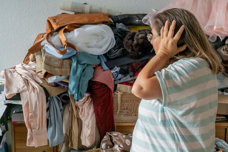 Woman at home overwhelmed by big pile of clutter