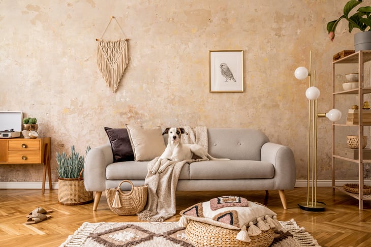 A living room with vintage furniture and decor