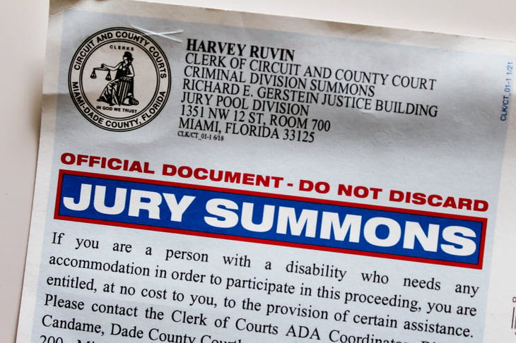 Jury duty summons letter from Miami, Florida