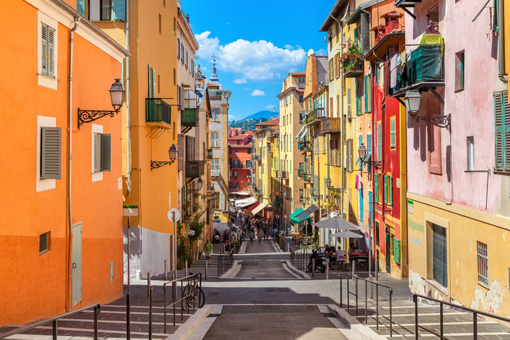 Colorful buildings on a street in Nice, France