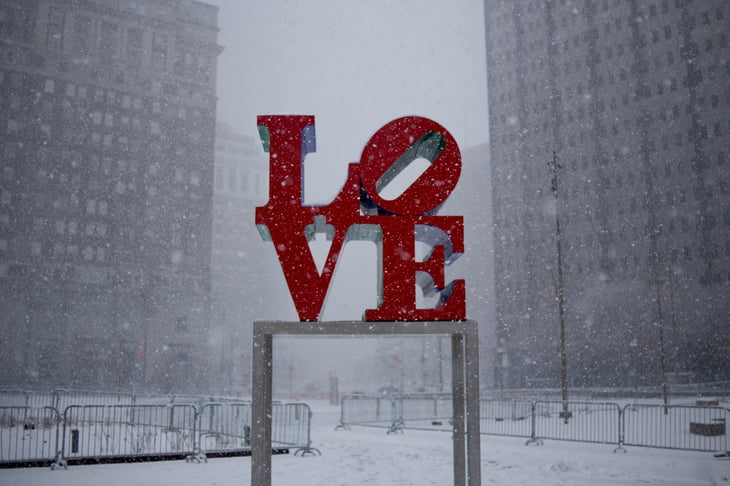 "Love" sign in the snow in Philadelphia