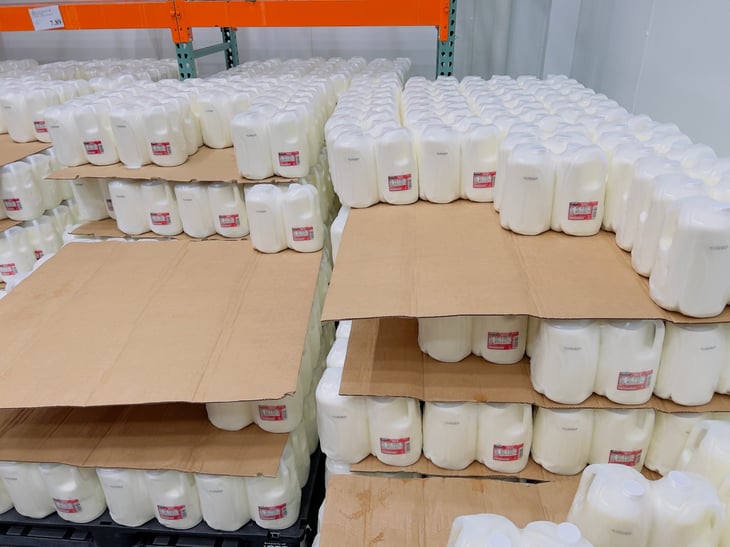 Stacks of whole milk gallons inside a walk-in refrigerator at Costco store.