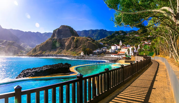 Scenic Madeira island, natural swimming pools of charming Porto da Cruz village.