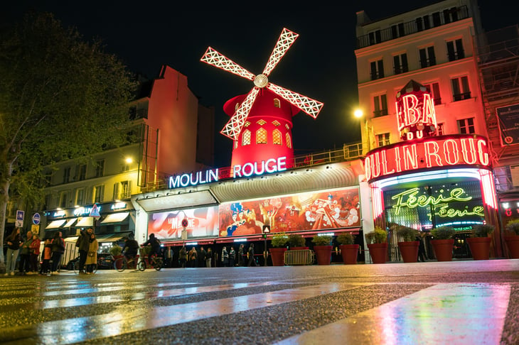Moulin Rouge at night in Paris, France