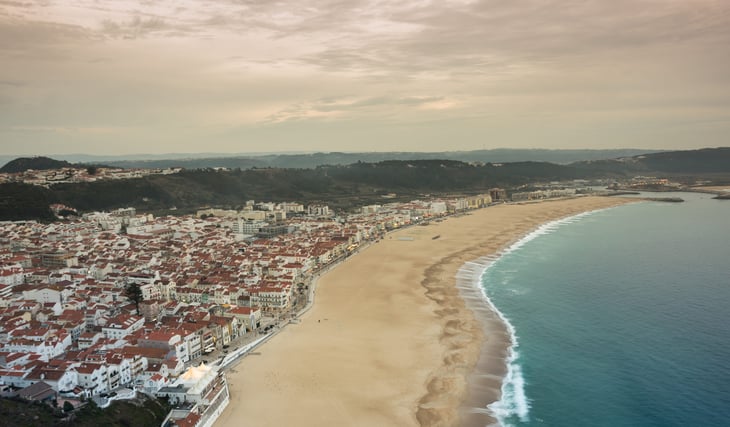 The coast of Atlantic ocean in Nazare, one of the most popular seaside resorts in the Silver Coast, Portugal