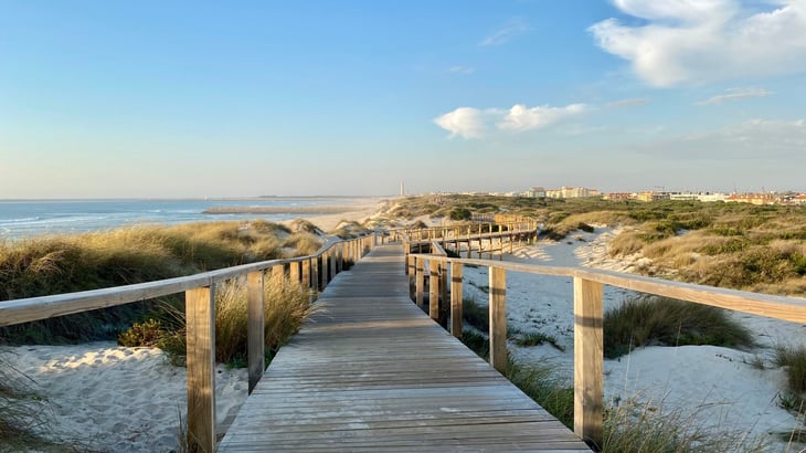 The coast of Atlantic ocean in Costa de Prata, Portugal. Wooden walkway leading to the beach