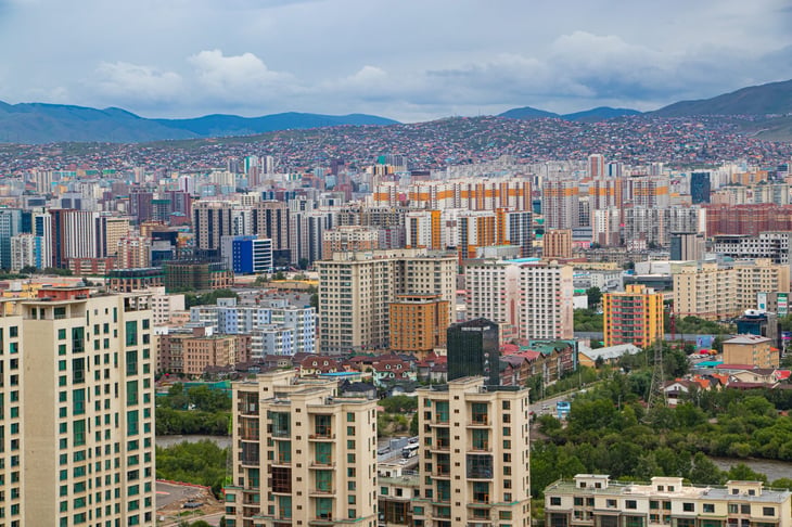 Ulaanbaatar, Mongolia - July, 2023: Aerial view of the Mongol capital from Zaisan Memorial Monument.
