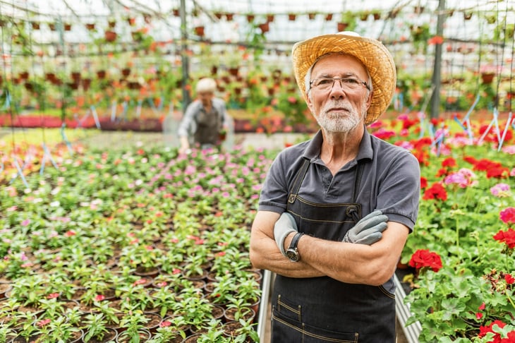 Senior man working among flowers