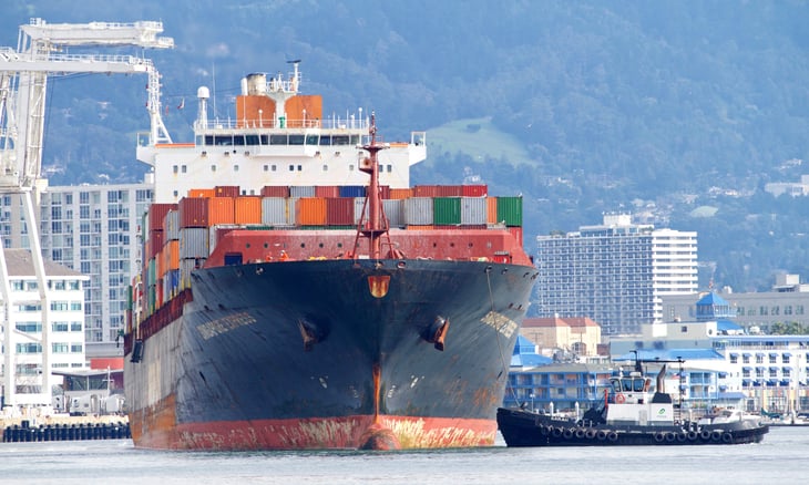 Cargo ship entering the Port of Oakland in California.