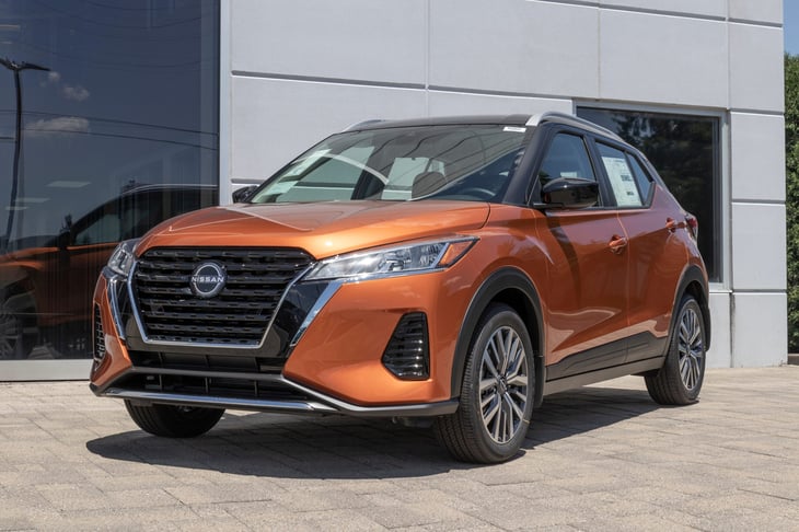 Indianapolis - Circa June 2022: Nissan Kicks Crossover SUV display. Nissan offers the Kicks in S, SV, and SR models.