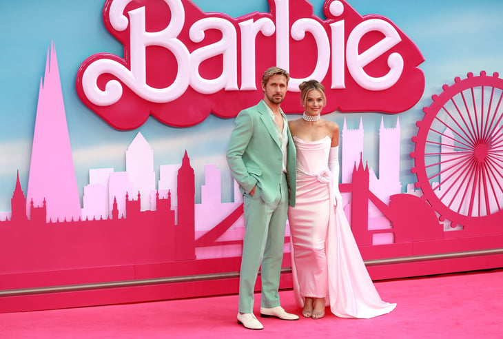 Ryan Gosling and Margot Robbie attend the "Barbie" European Premiere at Cineworld Leicester Square in London, England.