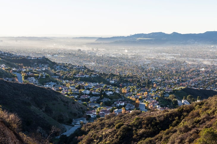 downtown Burbank with the San Fernando Valley, the Santa Monica Mountains and Los Angeles California in background.