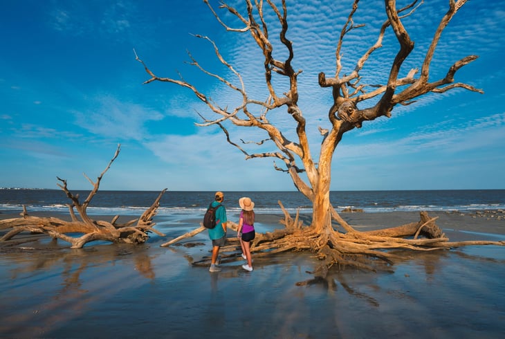 Couple at Driftwood Beach on Jekyll Island, Georgia