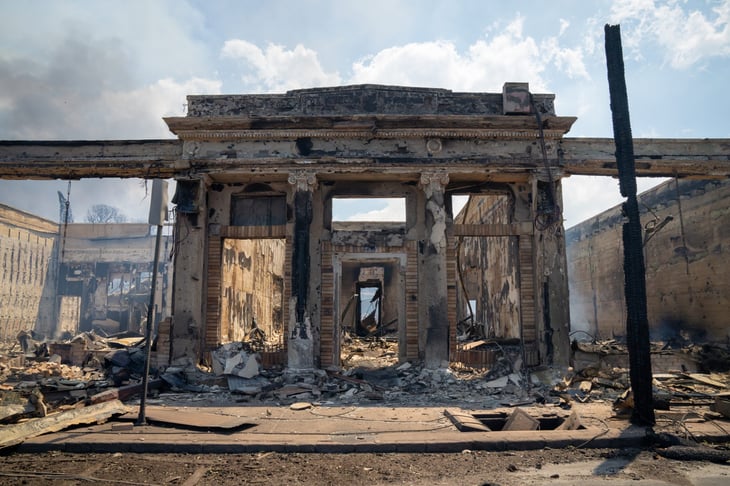 Bank building that burned to the ground during the 2023 fire in Lahaina, Hawaii