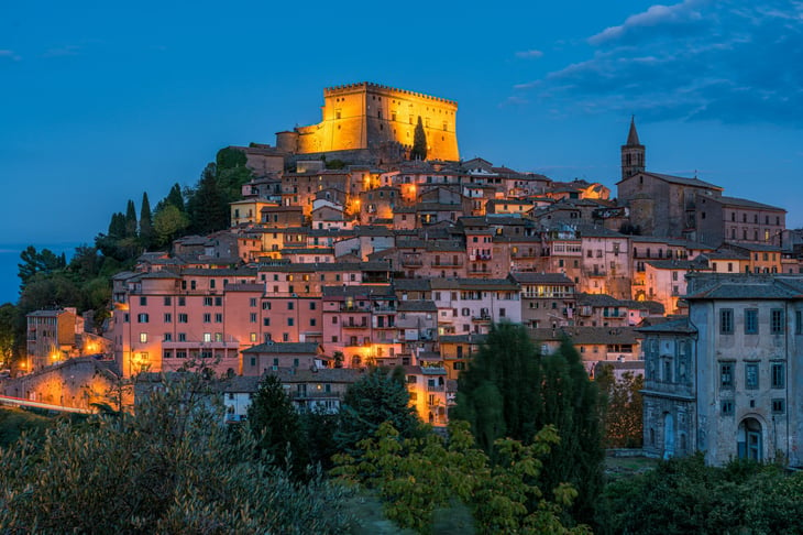 Panoramic night view of Soriano nel Cimino, beautiful city in the Province of Viterbo, in the Lazio region of Italy.