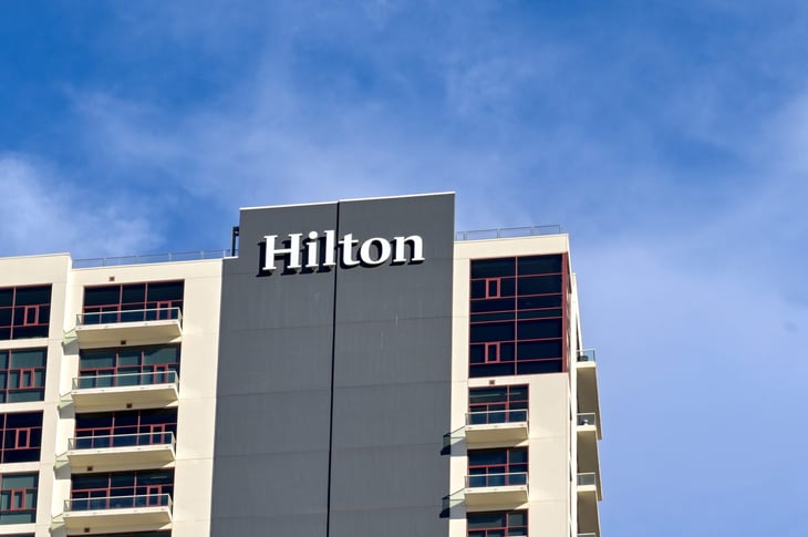 Sign on the outside of the Hilton hotel