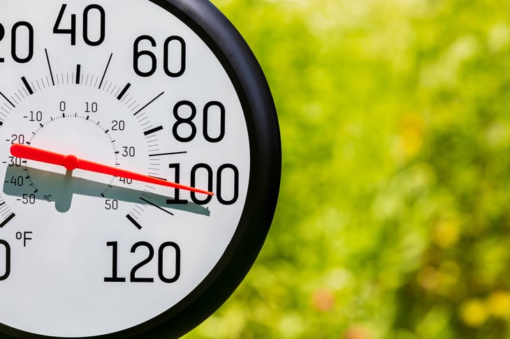 Outdoor thermometer in the sun during heatwave. Hot weather, high temperature and heat warning.