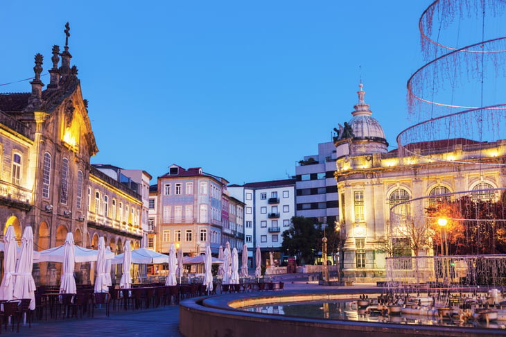 Arcada on Plaza de la Republica in Braga at dawn. Braga, Norte Region, Portugal.