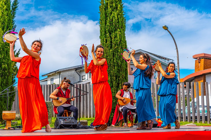 Musicians performing traditional roman music during Braga Romana festival in Portugal