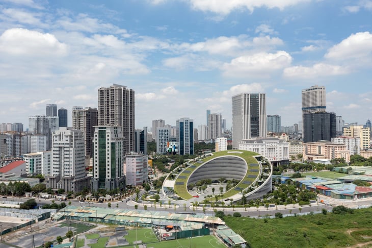 Aerial view of Hanoi cityscape at Pham Hung street, Cau Giay in 2021