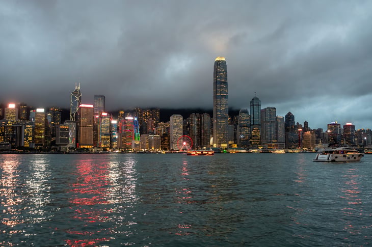 Hong Kong, China skyline at dusk