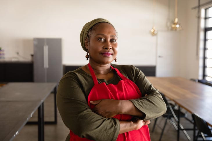 Woman standing in a restaurant kitchen