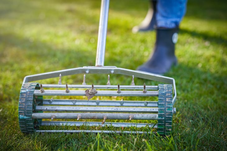 A grass aerator on a green lawn