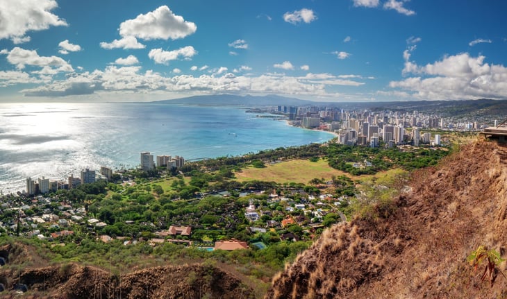 View from the Diamond head crater of Honolulu, Hawaii and the Pacific Ocean.