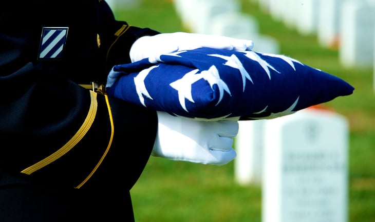 Honor Guard holding folded American flag at grave site at Arlington National Cemetery
