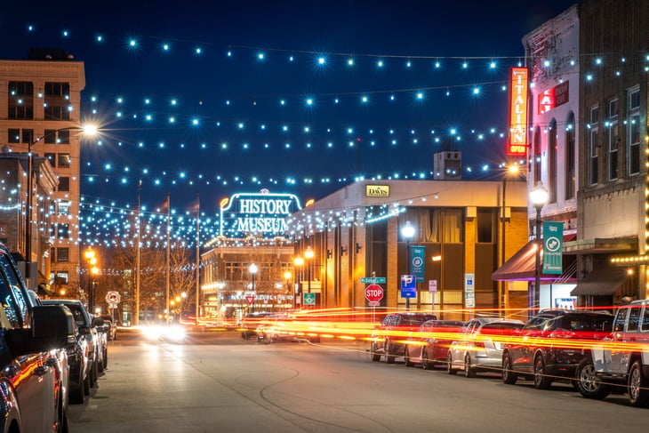 Downtown evening view of Springfield, Missouri just after sunset on February 22, 2024.