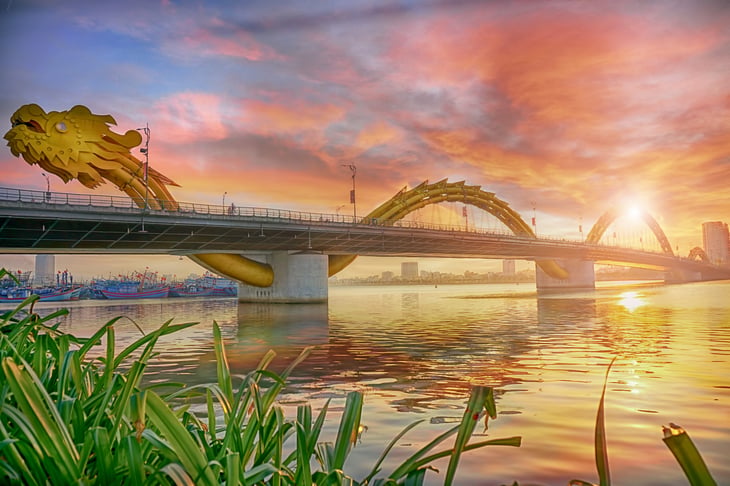 Da Nang, Vietnam: Dragon bridge at sunset.
