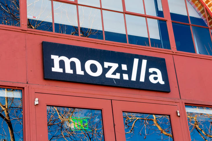 Mozilla sign on downtown headquarters office of not-for-profit Mozilla Foundation in San Francisco, California, USA