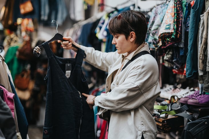 A person shopping in a thrift store, examining a secondhand black dress.