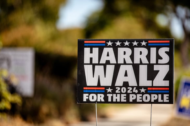 Sunnyvale, California US - September 19, 2024: Harris Walz 2024 Yard Lawn Sign. Harris For President Lawn Sign