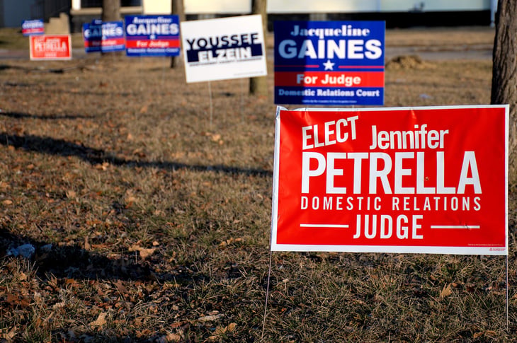 Dayton, Ohio USA February 14, 2024: A row of political signs
