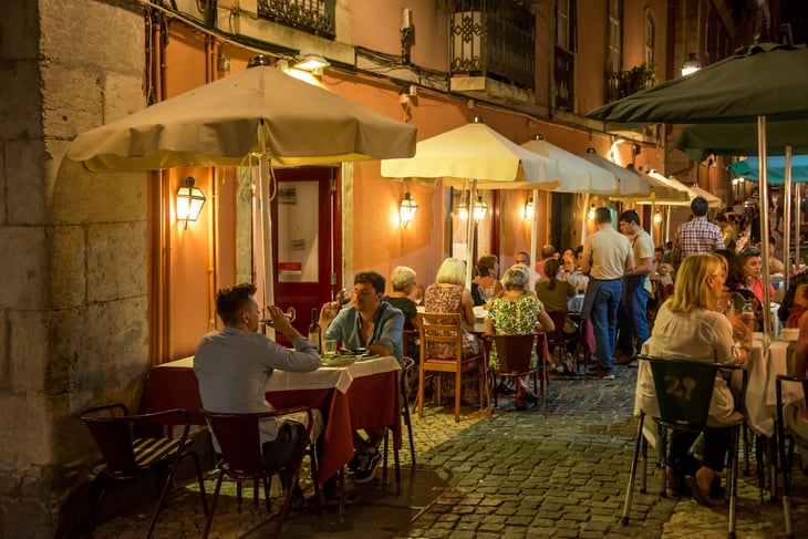 Lisbon, Portugal, Nightlife in the terraces of bars and restaurants in the Chiado neighborhood