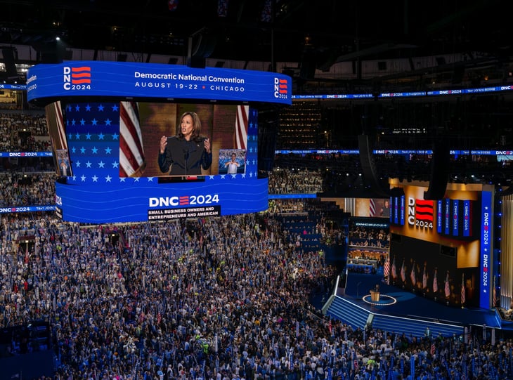 Democratic presidential nominee Kamala Harris addresses the 2024 Democratic National Convention