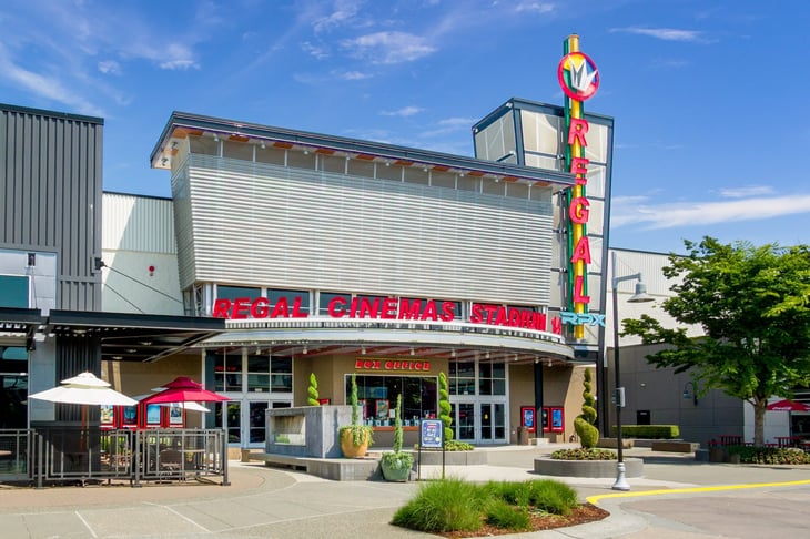 Regal Cinemas Stadium movie theater exterior and trademark logo in Renton, Washington, USA.