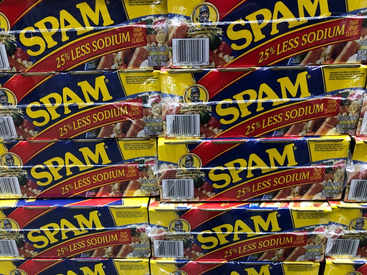 Cases of SPAM canned meat product displayed in a grocery store