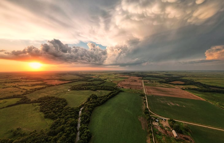 Stormy sunset over the Kansas plains and farmland