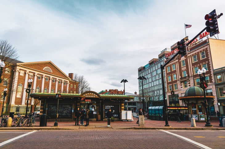 View of Harvard Square in Cambridge, Massachusetts, USA.