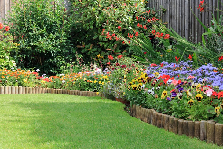 Flower bed with edging in a backyard with a green lawn