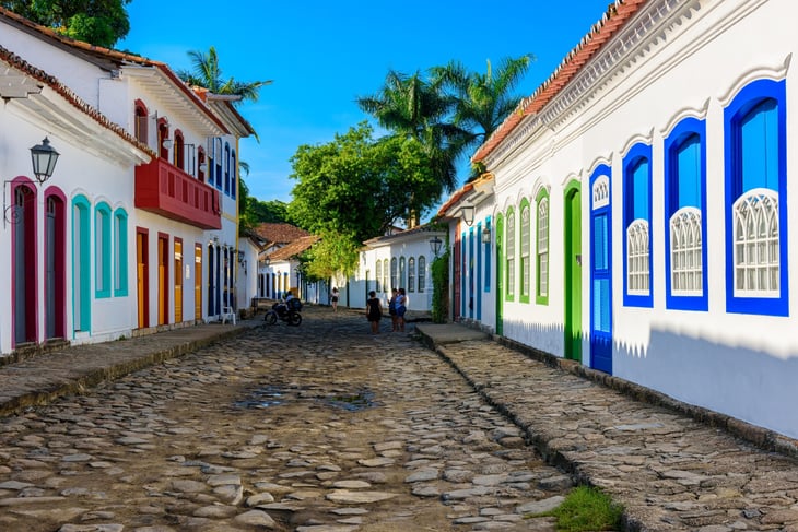 Street of historical center in Paraty, Rio de Janeiro, Brazil.