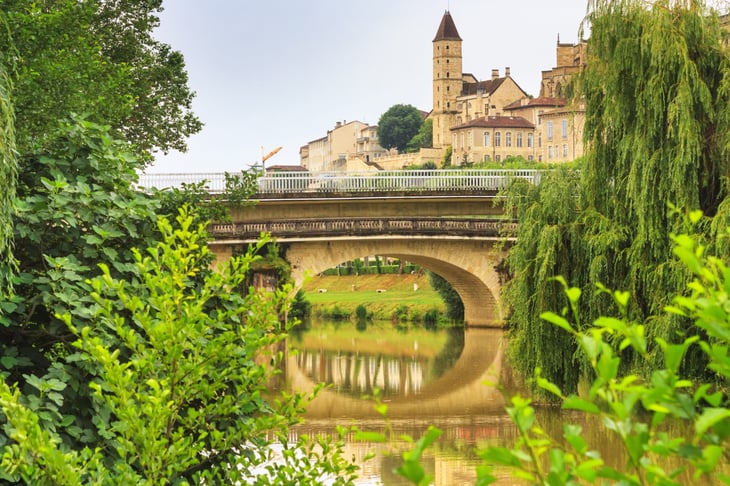 Summer city landscape - view of the bridges over the River Gers in the town of Auch, in the historical province Gascony, the region of Occitanie of southwestern France