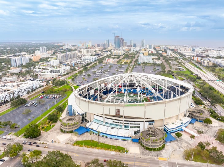 Damage to Tropicana Field stadium in St Petersburg, Florida, after Hurricane Milton.