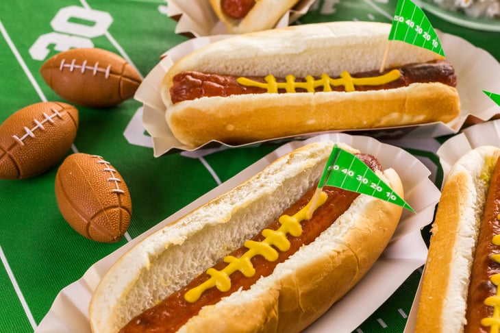 Hot dogs with mustard ready for Super Bowl Sunday