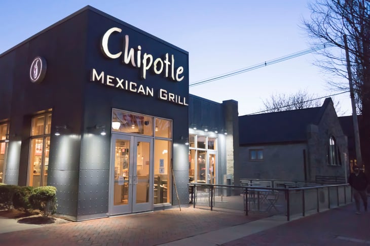 Chipotle restaurant exterior at dusk in Bloomington, Indiana