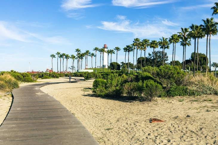 Lighthouse with palms at Long Beach, California, USA