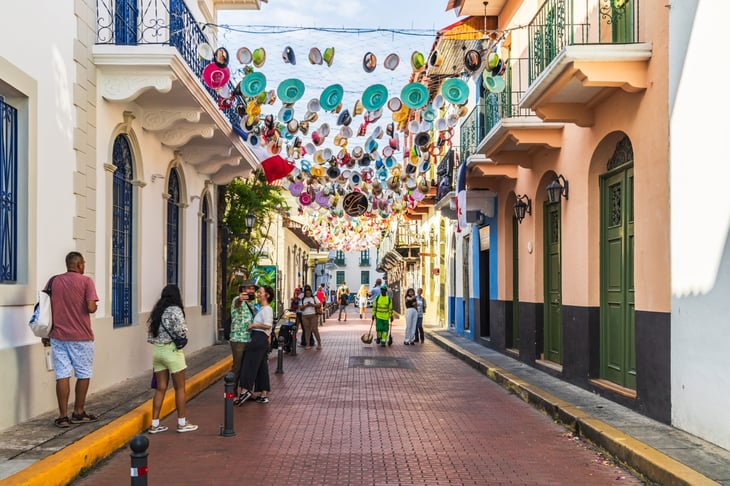 Panama City, Panama. The vibrant "Sombrero Street" adorned with over a thousand colorful Panamanian hats